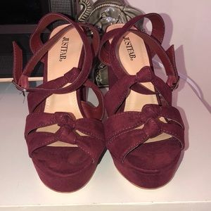 JustFab “Khloe” stappy velvet red heel.